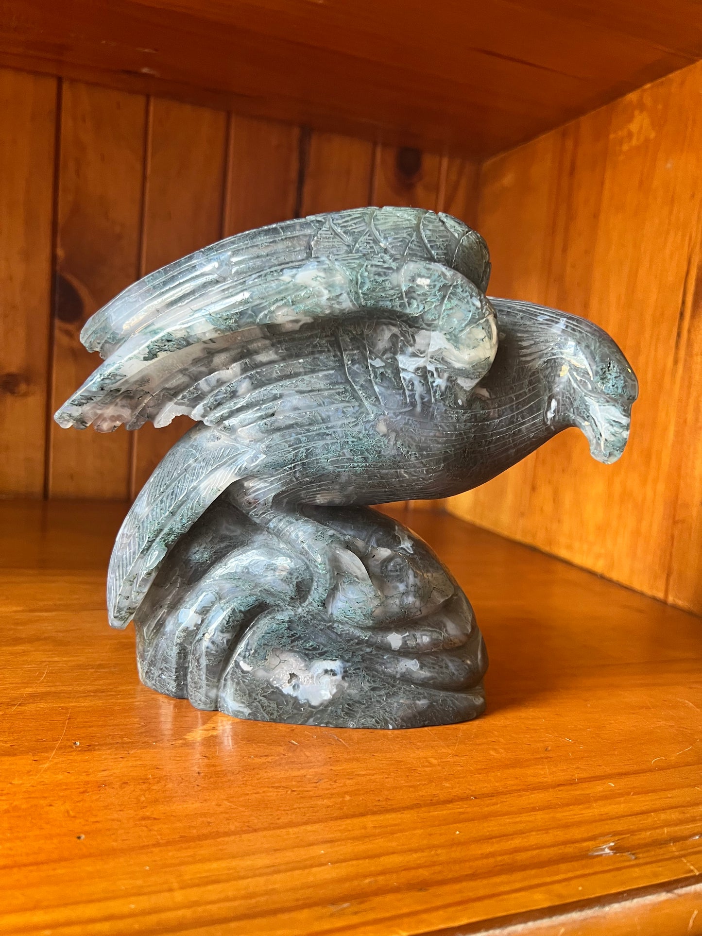 Moss Agate Eagle Carving