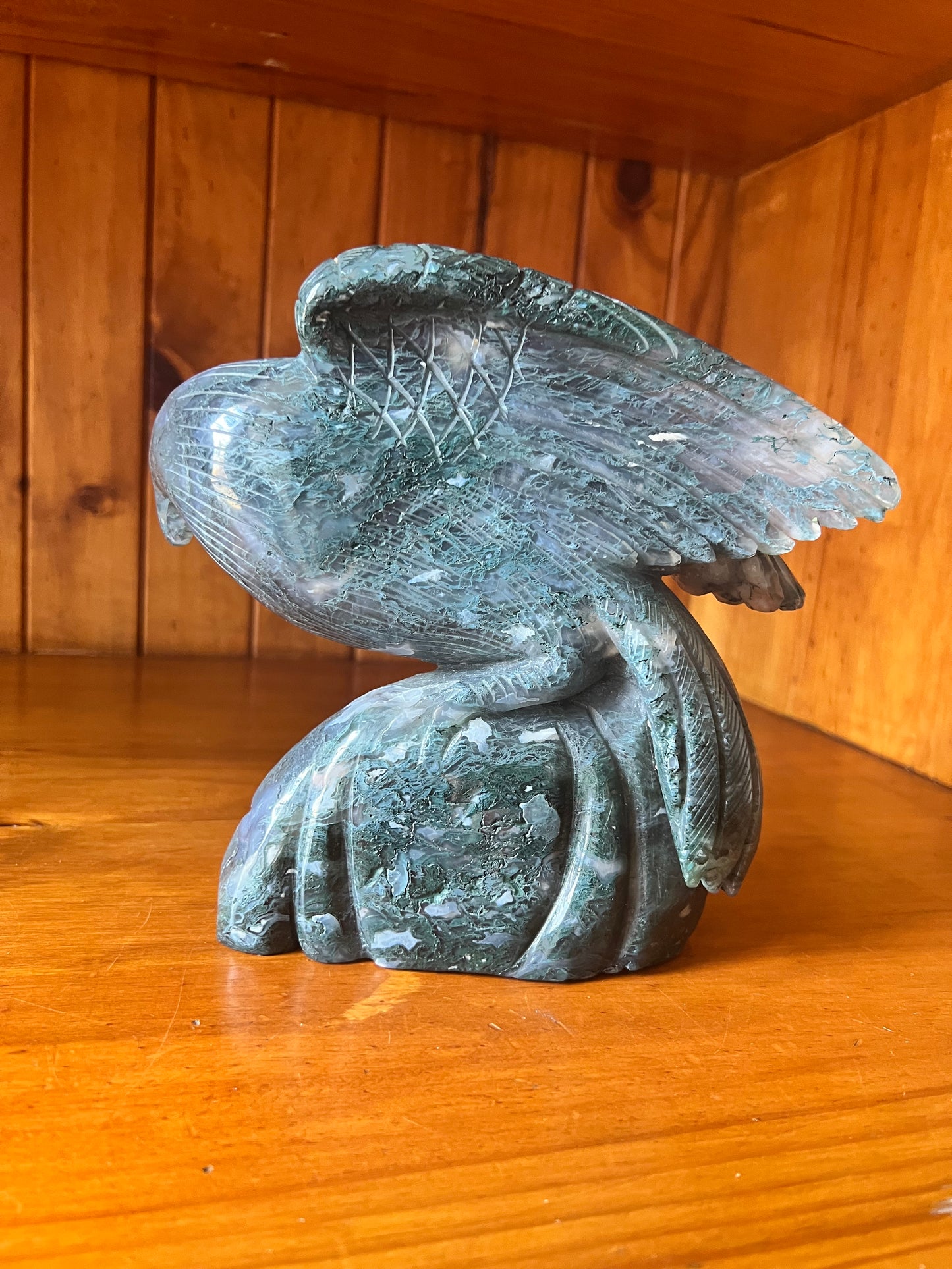 Moss Agate Eagle Carving